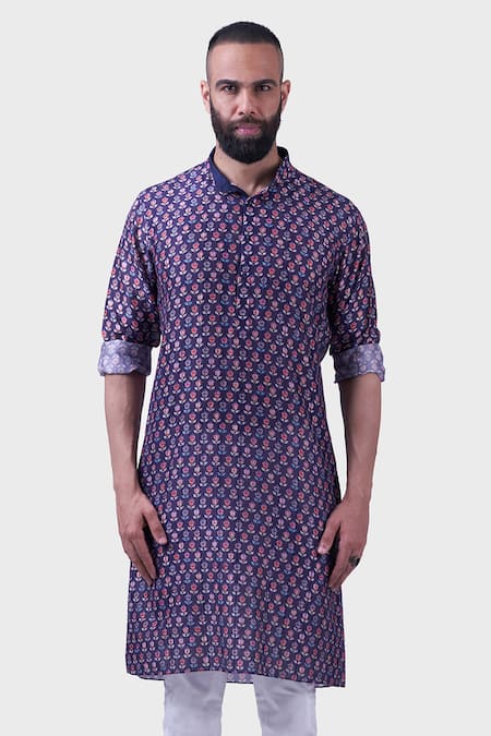 Raghavendra Rathore Jodhpur_Blue Silk Embroidery Jharokha Wildflora Print Kurta _Online_at_Aza_Fashions