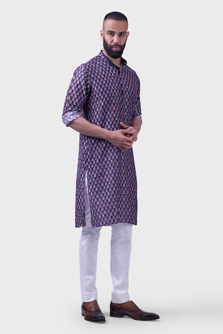 Buy_Raghavendra Rathore Jodhpur_Blue Silk Embroidery Jharokha Wildflora Print Kurta _Online_at_Aza_Fashions
