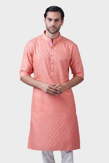 Buy_Raghavendra Rathore Jodhpur_Peach Silk Embroidery Yemeni Mural Art Kurta _Online_at_Aza_Fashions