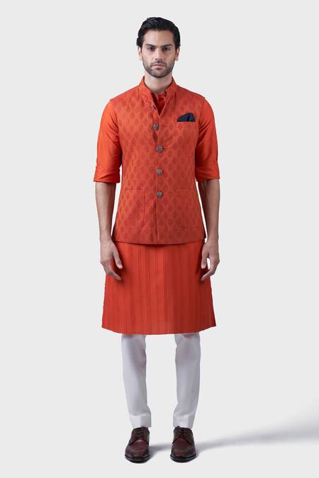 Raghavendra Rathore Jodhpur_Orange Silk Embroidery The Kesariya Waistcoat _Online_at_Aza_Fashions