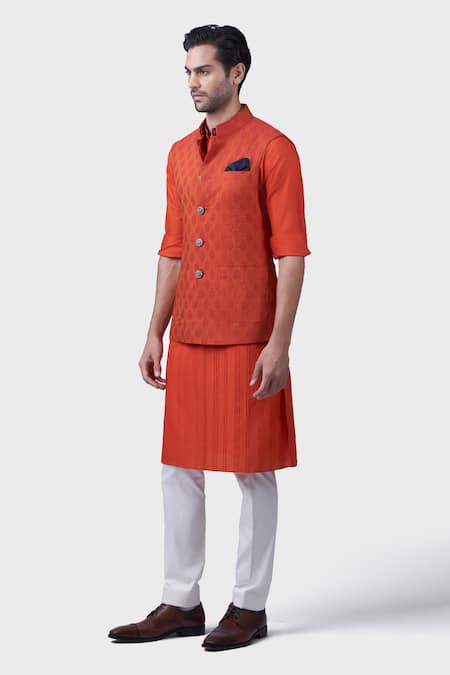 Buy_Raghavendra Rathore Jodhpur_Orange Silk Embroidery The Kesariya Waistcoat _Online_at_Aza_Fashions