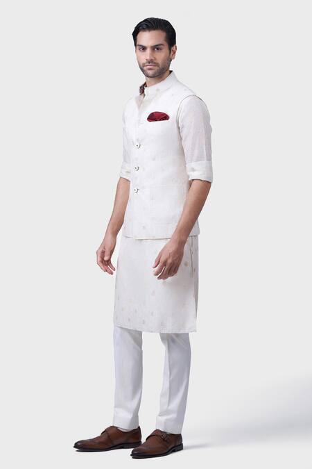 Buy_Raghavendra Rathore Jodhpur_Off White Silk Embroidery The Regalia Gilded Waistcoat _Online_at_Aza_Fashions