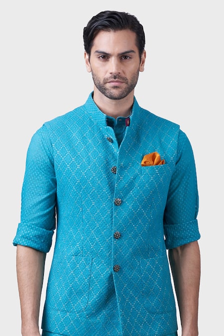 Buy_Raghavendra Rathore Jodhpur_Green Silk Embroidery Diamond Pattern Waistcoat _Online_at_Aza_Fashions