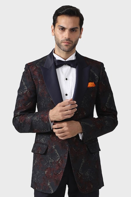 Shop_Raghavendra Rathore Jodhpur_Maroon Wool Embroidery The Pollock Tuxedo Jacket _Online_at_Aza_Fashions