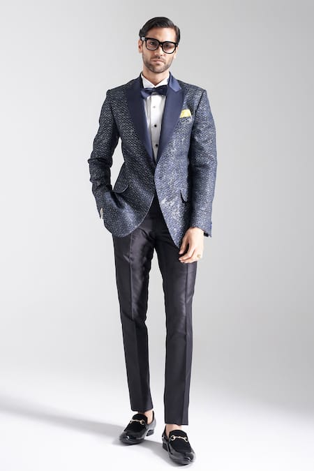 Shop Raghavendra Rathore Jodhpur Blue Wool, Jacquard Embroidery The Lagoon Tuxedo at Aza Fashions Shop_Raghavendra Rathore Jodhpur_Blue Wool, Jacquard Embroidery The Lagoon Tuxedo _at_Aza_Fashions