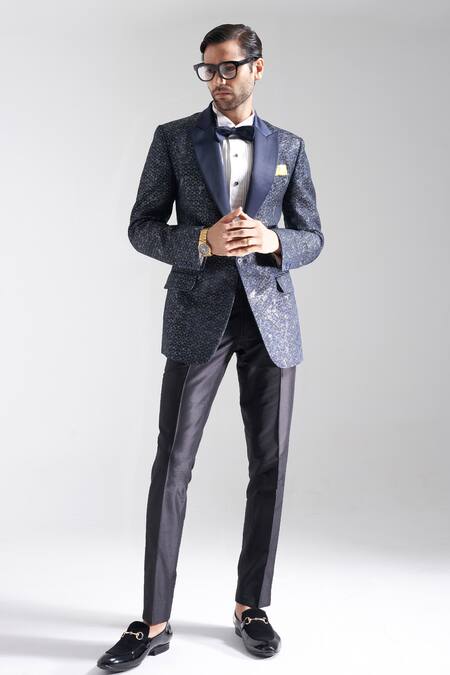 Raghavendra Rathore Jodhpur Blue Wool, Jacquard Embroidery The Lagoon Tuxedo Online at Aza Fashions Raghavendra Rathore Jodhpur_Blue Wool, Jacquard Embroidery The Lagoon Tuxedo _Online_at_Aza_Fashions