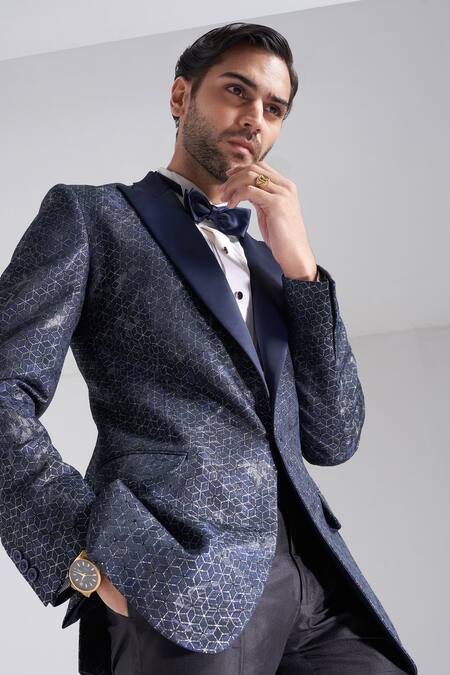Shop Raghavendra Rathore Jodhpur Blue Wool, Jacquard Embroidery The Lagoon Tuxedo Online at Aza Fashions Shop_Raghavendra Rathore Jodhpur_Blue Wool, Jacquard Embroidery The Lagoon Tuxedo _Online_at_Aza_Fashions