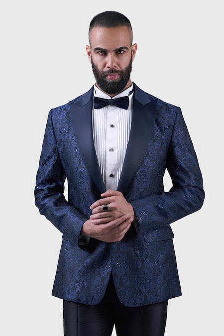 Shop_Raghavendra Rathore Jodhpur_Blue Silk Beads The Midnight Floret Tuxedo _Online_at_Aza_Fashions