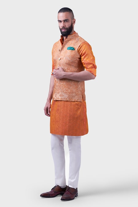Raghavendra Rathore Jodhpur_Orange Silk Embroidery The Amer Metallic Thread Waistcoat _Online_at_Aza_Fashions