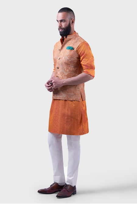 Buy_Raghavendra Rathore Jodhpur_Orange Silk Embroidery The Amer Metallic Thread Waistcoat _Online_at_Aza_Fashions