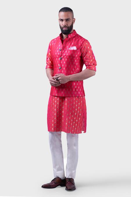 Raghavendra Rathore Jodhpur_Pink Silk Embroidery The Jaipur Butti Waistcoat _Online_at_Aza_Fashions