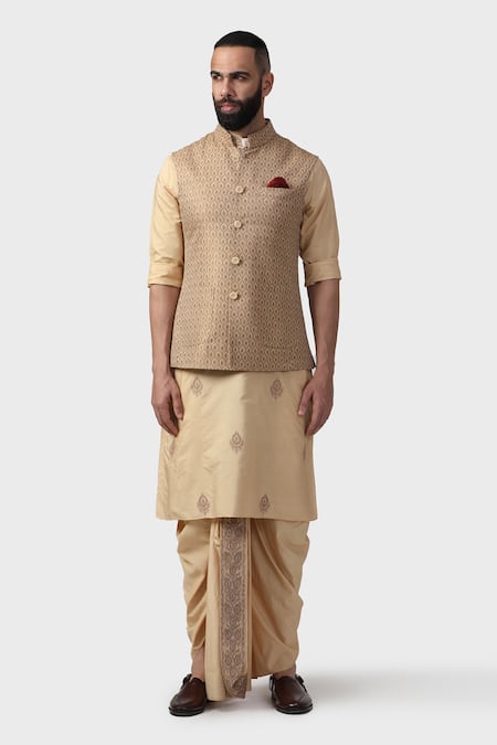 Raghavendra Rathore Jodhpur_Gold Silk, Brocade Waistcoat _Online_at_Aza_Fashions