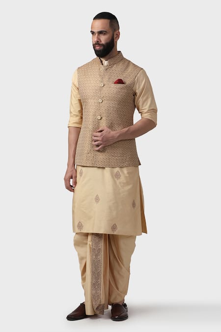 Buy_Raghavendra Rathore Jodhpur_Gold Silk, Brocade Waistcoat _Online_at_Aza_Fashions