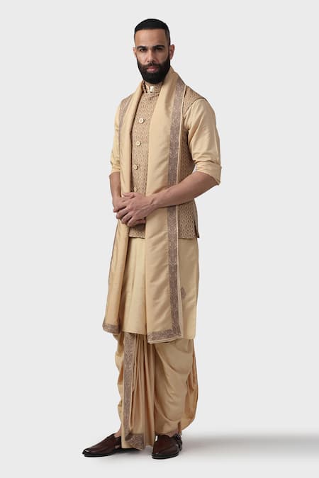 Raghavendra Rathore Jodhpur_Gold Silk, Brocade Waistcoat _at_Aza_Fashions