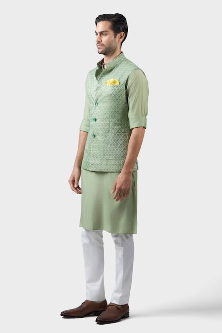 Buy_Raghavendra Rathore Jodhpur_Green Silk Embroidery The Lush Diamond Butti Waistcoat _Online_at_Aza_Fashions