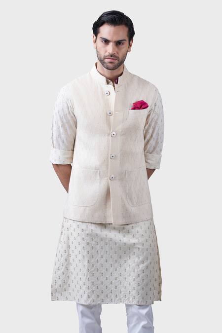 Buy_Raghavendra Rathore Jodhpur_Off White Silk The Honey Comb Tucked Waistcoat _Online_at_Aza_Fashions
