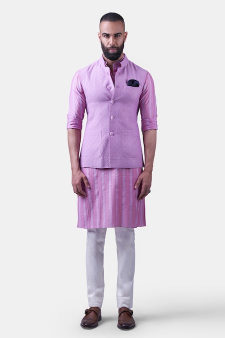 Shop Raghavendra Rathore Jodhpur Purple Silk Geometric Pattern Waistcoat at Aza Fashions Shop_Raghavendra Rathore Jodhpur_Purple Silk Geometric Pattern Waistcoat _at_Aza_Fashions