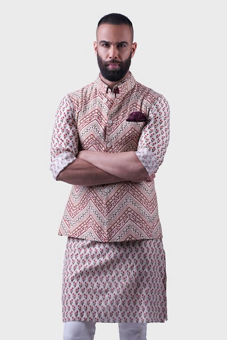 Raghavendra Rathore Jodhpur Off White Silk Embroidery Zig Zag Print Mural Waistcoat