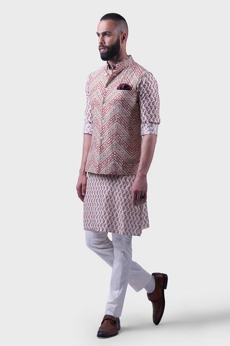 Raghavendra Rathore Jodhpur Off White Silk Embroidery Zig Zag Print Mural Waistcoat Online at Aza Fashions Raghavendra Rathore Jodhpur_Off White Silk Embroidery Zig Zag Print Mural Waistcoat _Online_at_Aza_Fashions