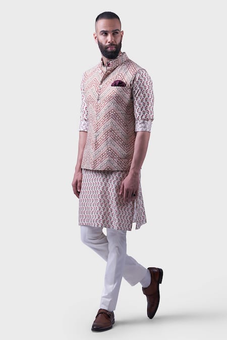 Buy Raghavendra Rathore Jodhpur Off White Silk Embroidery Zig Zag Print Mural Waistcoat Online at Aza Fashions Buy_Raghavendra Rathore Jodhpur_Off White Silk Embroidery Zig Zag Print Mural Waistcoat _Online_at_Aza_Fashions