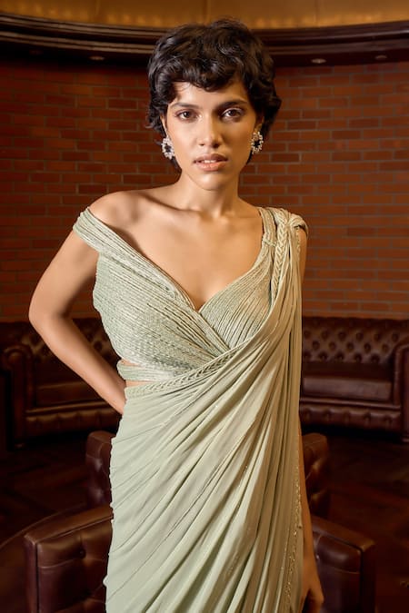 Buy_Astha Batra_Green Georgette Beads, Cut Work Embroidered Pre-draped Saree And Blouse Set _Online_at_Aza_Fashions