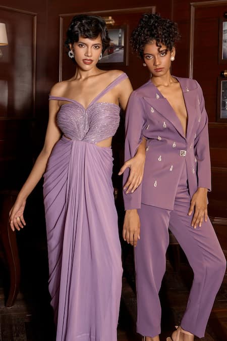 Astha Batra_Purple Organza, Satin, Georgette Beads, Embroidered Yoke Draped Saree Gown _Online_at_Aza_Fashions