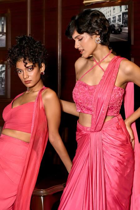 Astha Batra_Coral Satin, Georgette Beads, Sequins Pre-draped Saree And Embroidered Blouse Set _Online_at_Aza_Fashions