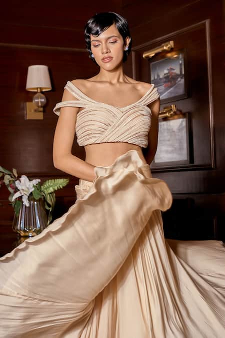 Astha Batra_Cream Satin Sequins, Cut Work Structured Lehenga Hand Embroidered Blouse Set _Online_at_Aza_Fashions