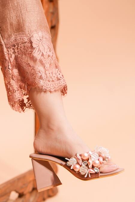 The Episode_Peach Embellished Gracious Pearl Cluster Strap Heels _Online_at_Aza_Fashions