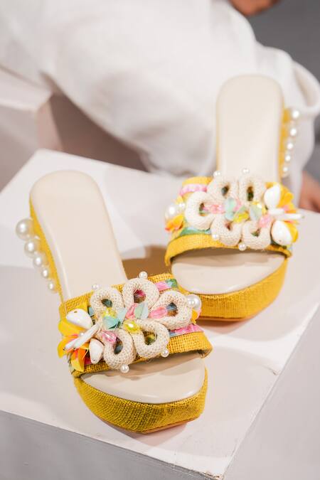 The Episode_Yellow Pearls Malibu Sunset Jute Embellished Strap Wedges _Online_at_Aza_Fashions