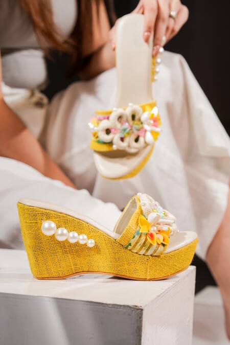 Buy_The Episode_Yellow Pearls Malibu Sunset Jute Embellished Strap Wedges _Online_at_Aza_Fashions