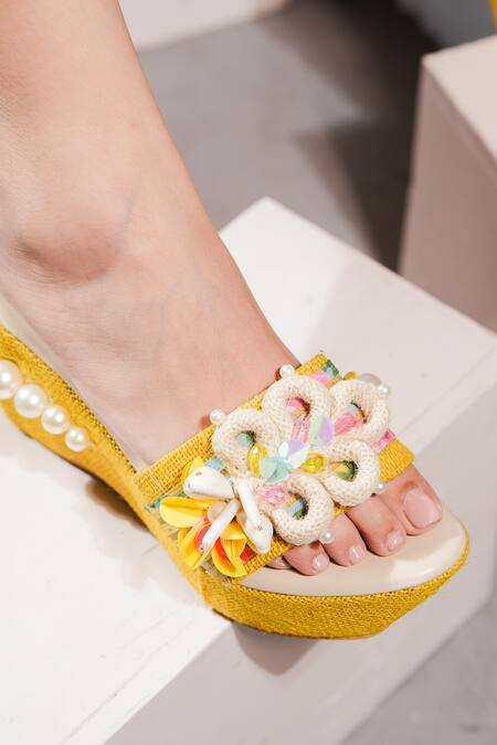 Shop_The Episode_Yellow Pearls Malibu Sunset Jute Embellished Strap Wedges _Online_at_Aza_Fashions