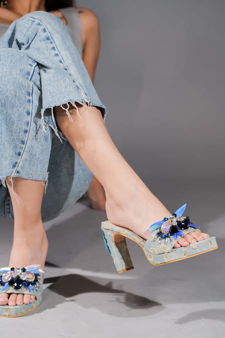 Buy_The Episode_Blue Embellished Savage Denim Strap Heels _Online_at_Aza_Fashions