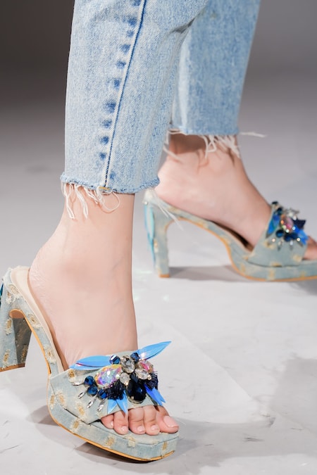 The Episode_Blue Embellished Savage Denim Strap Heels _at_Aza_Fashions
