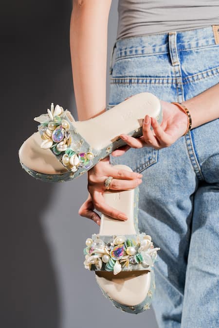 The Episode Superstar Embellished Denim Strap Platforms 