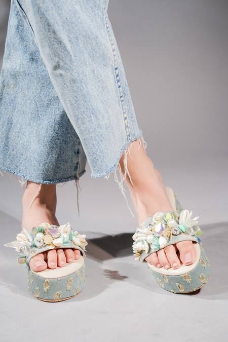 The Episode Blue Embellished Superstar Denim Strap Platforms Online at Aza Fashions The Episode_Blue Embellished Superstar Denim Strap Platforms _Online_at_Aza_Fashions