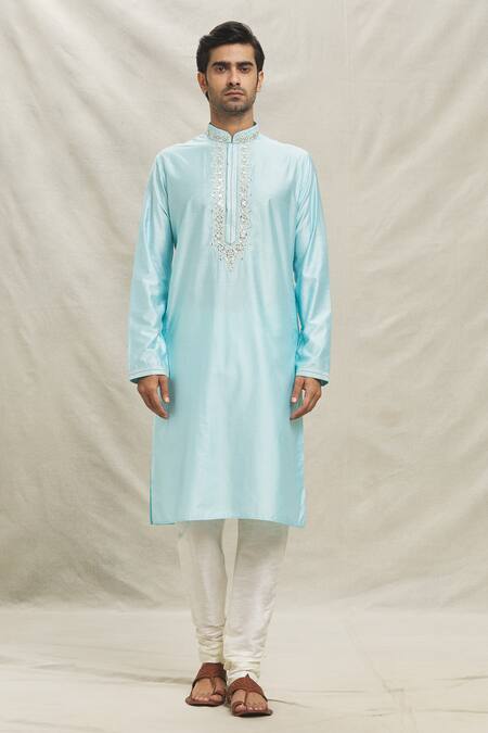 Arihant Rai Sinha Blue , Satin Mirrors Bloom Embroidered Placket Kurta Set Online at Aza Fashions Arihant Rai Sinha_Blue , Satin Mirrors Bloom Embroidered Placket Kurta Set _Online_at_Aza_Fashions