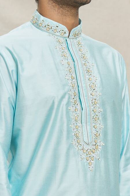 Shop Arihant Rai Sinha Blue , Satin Mirrors Bloom Embroidered Placket Kurta Set Online at Aza Fashions Shop_Arihant Rai Sinha_Blue , Satin Mirrors Bloom Embroidered Placket Kurta Set _Online_at_Aza_Fashions