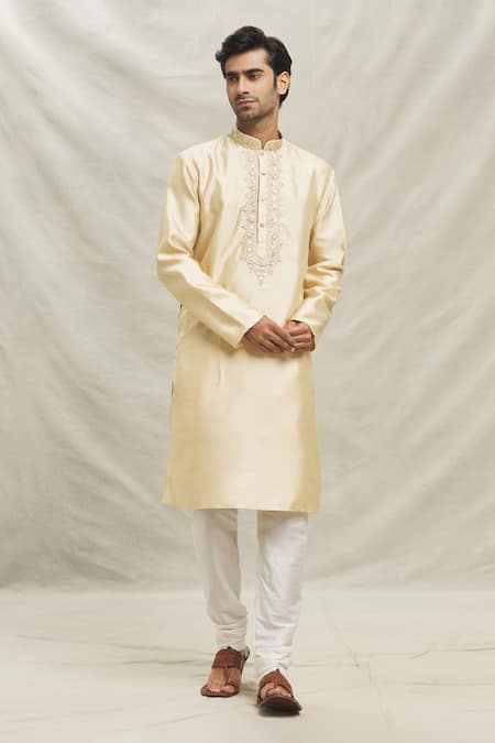 Arihant Rai Sinha Cream Silk Blend Embroidery Mirror Plumeria Placket Kurta Set 