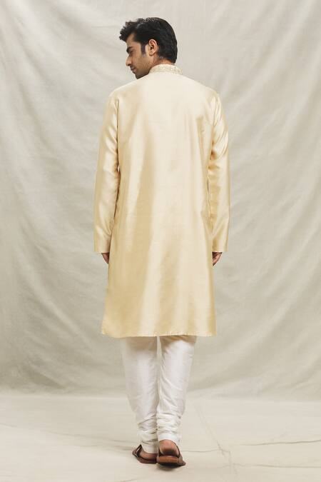 Shop_Arihant Rai Sinha_Cream , Satin Mirrors, Sequins Plumeria Embroidered Placket Kurta Set _at_Aza_Fashions