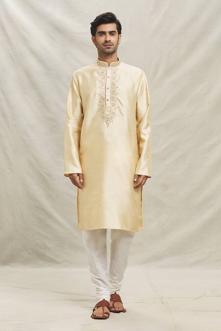 Arihant Rai Sinha_Cream , Satin Mirrors, Sequins Plumeria Embroidered Placket Kurta Set _Online_at_Aza_Fashions