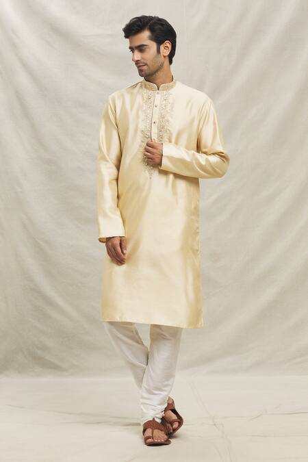 Buy_Arihant Rai Sinha_Cream , Satin Mirrors, Sequins Plumeria Embroidered Placket Kurta Set _Online_at_Aza_Fashions
