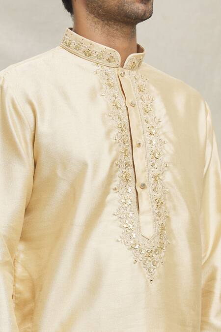 Shop_Arihant Rai Sinha_Cream , Satin Mirrors, Sequins Plumeria Embroidered Placket Kurta Set _Online_at_Aza_Fashions