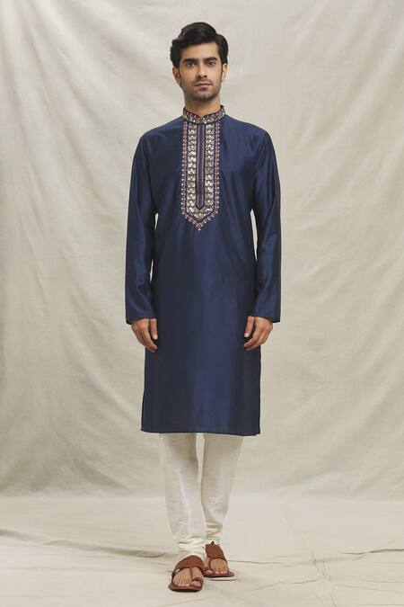 Arihant Rai Sinha Blue , Satin Embroidery Blossom Placket Kurta Set Online at Aza Fashions Arihant Rai Sinha_Blue , Satin Embroidery Blossom Placket Kurta Set _Online_at_Aza_Fashions