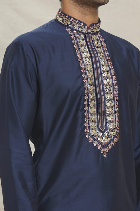 Buy Arihant Rai Sinha Blue , Satin Embroidery Blossom Placket Kurta Set Online at Aza Fashions Buy_Arihant Rai Sinha_Blue , Satin Embroidery Blossom Placket Kurta Set _Online_at_Aza_Fashions