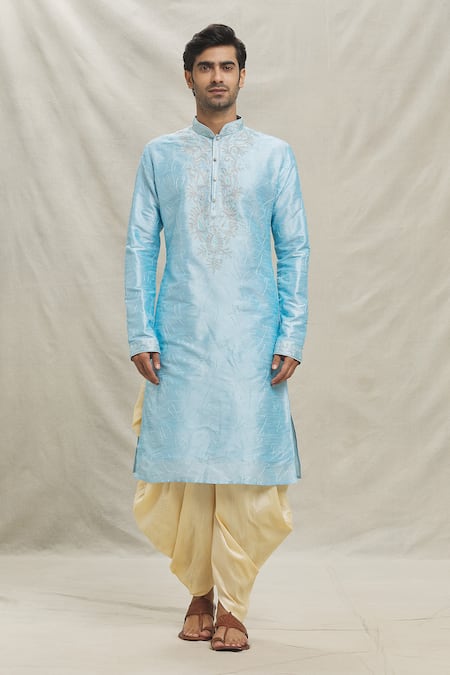 Arihant Rai Sinha_Sky Blue , Satin Embroidery Thread Kurta With Dhoti Pant _Online_at_Aza_Fashions