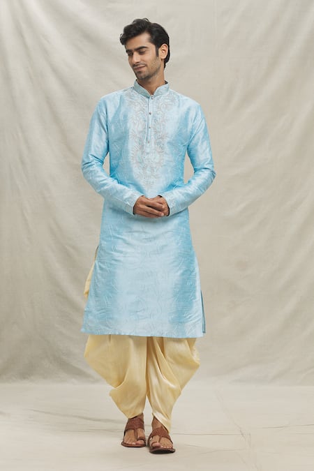 Buy_Arihant Rai Sinha_Sky Blue , Satin Embroidery Thread Kurta With Dhoti Pant _Online_at_Aza_Fashions