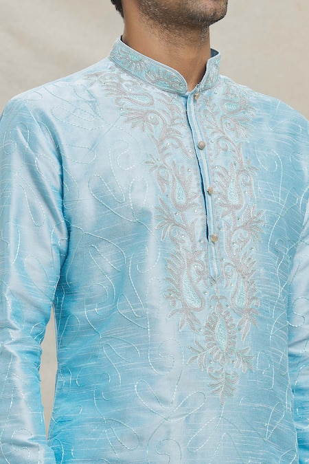 Shop_Arihant Rai Sinha_Sky Blue , Satin Embroidery Thread Kurta With Dhoti Pant _Online_at_Aza_Fashions
