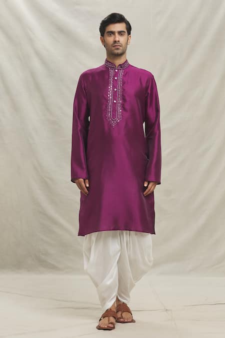 Arihant Rai Sinha_Pink , Satin Embroidery Floral Butti Kurta With Dhoti Pant_Online_at_Aza_Fashions
