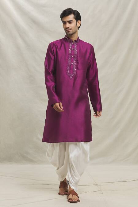 Buy_Arihant Rai Sinha_Pink , Satin Embroidery Floral Butti Kurta With Dhoti Pant_Online_at_Aza_Fashions